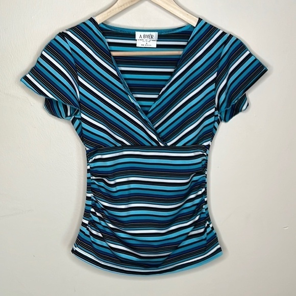 A. BYER SMALL BLUE STRIPED RUCHED SIDE VNECK BLOUSE WITH SLITS ON SHOULDERS - Picture 1 of 8